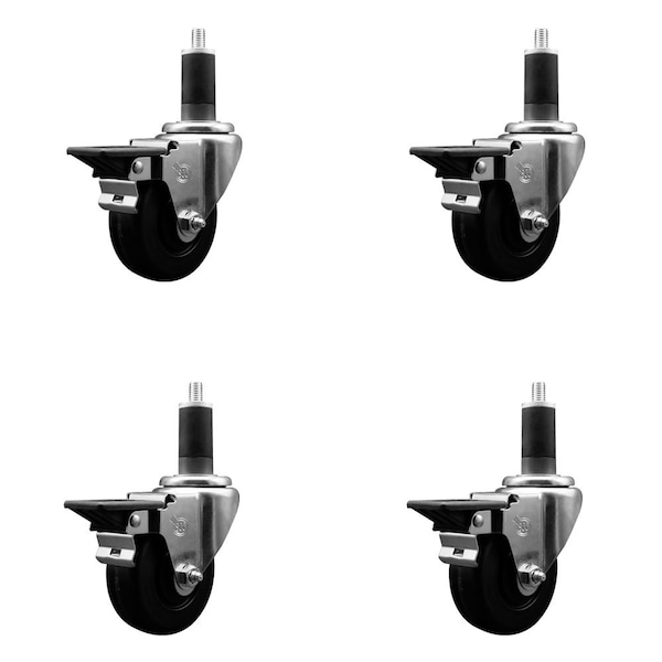 3.5'' Phenolic Swivel 1-1/4'' Expanding Stem Caster Set with Brake, 4PK